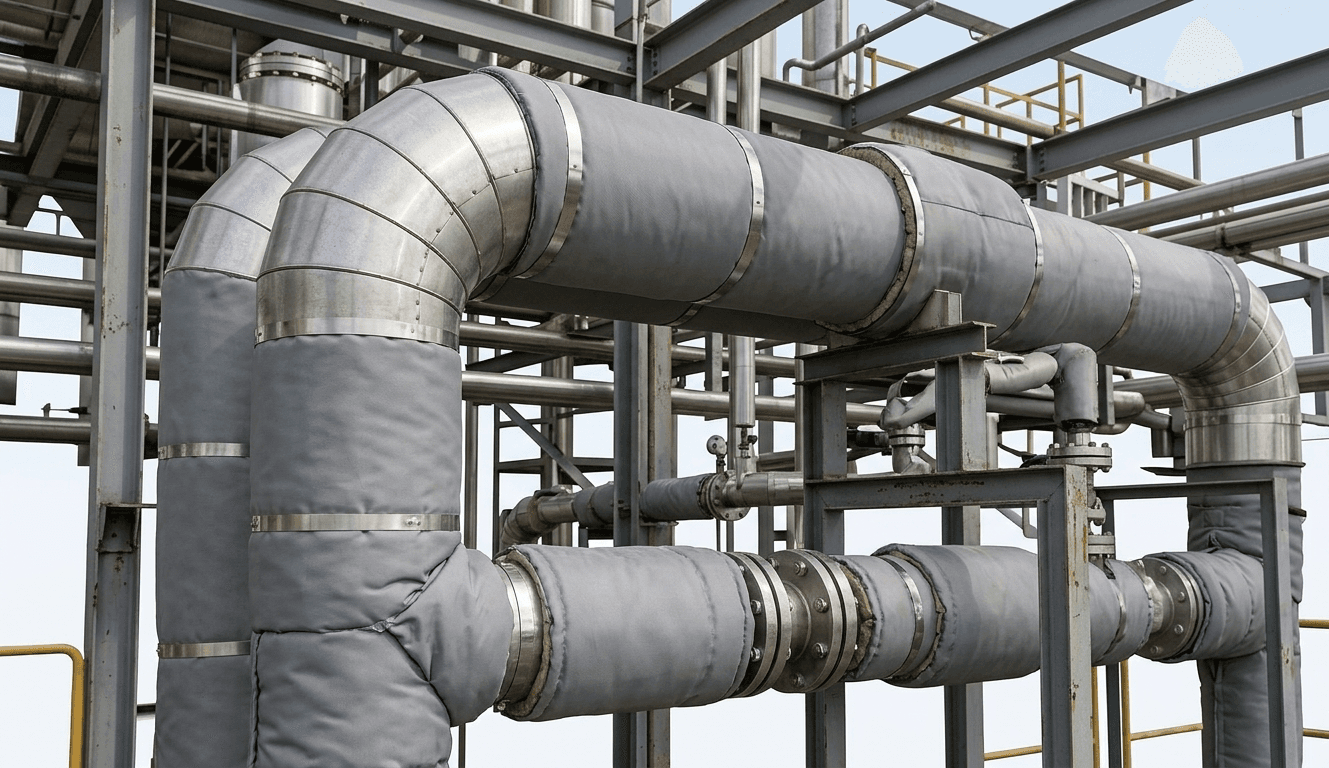 Tubulações isoladas termicamente em planta industrial