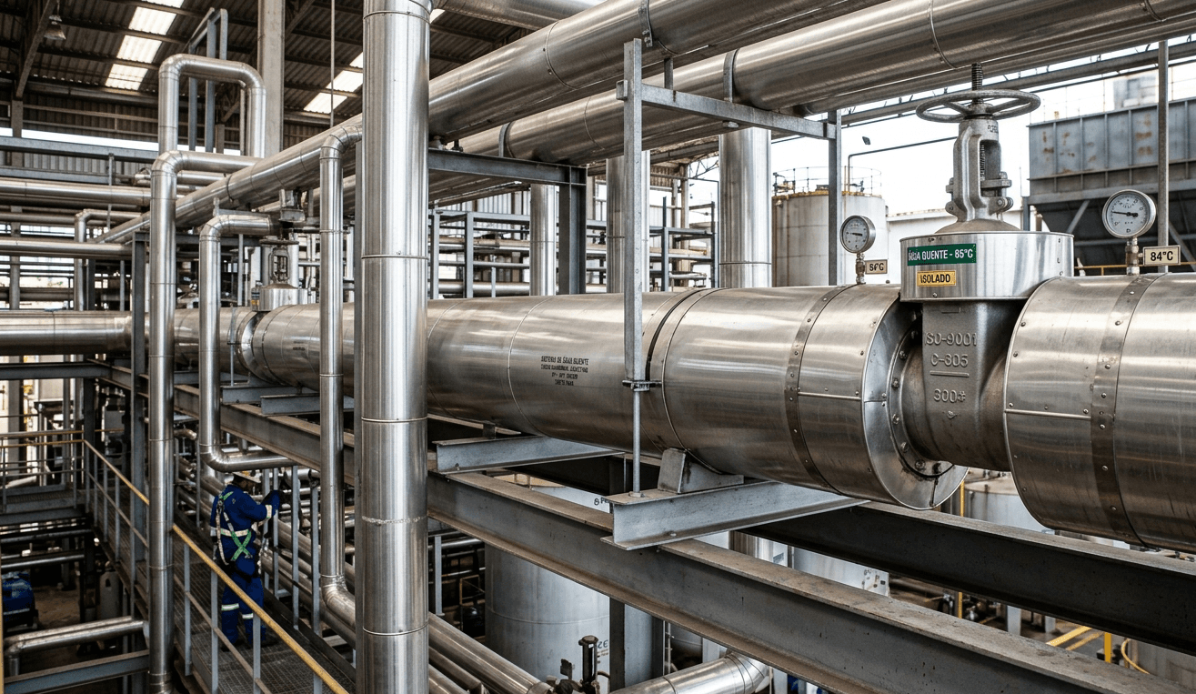 Linhas de processo com tubulações inox e medidores