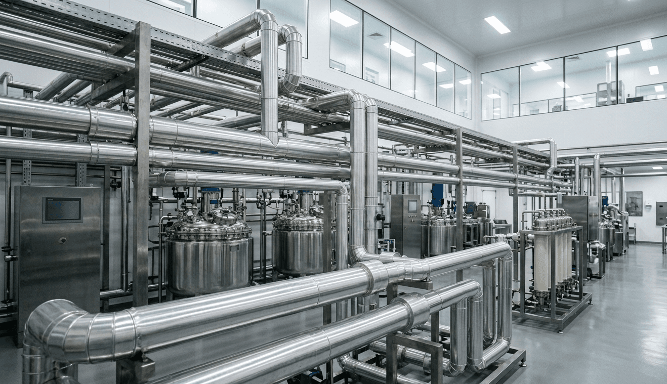 Interior de planta industrial com tubulações inox